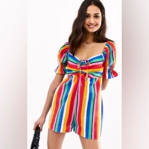 ASOS DESIGN Puff Sleeve Romper with Tie Detail in Rainbow Stripe, Women’s 12